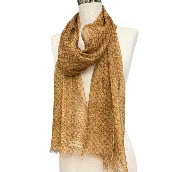 Coach Accessories - Vintage Coach Tan Brown Snakeskin Print Scarf Sheer Long Metallic Neutral Scarf